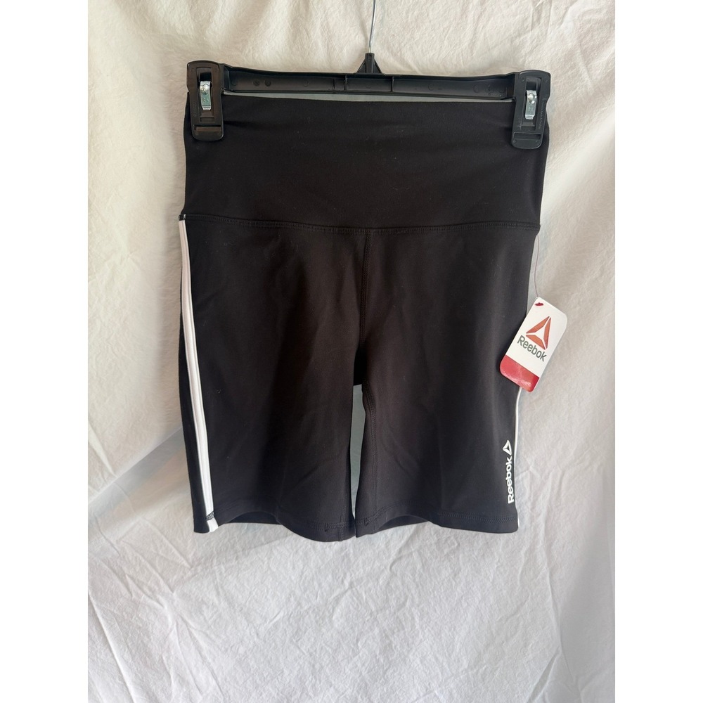 Reebok Womens High Waisted Biker Shorts Black White Stripe Fitted Athletic XS
